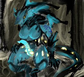 4_eyes anthro arm_tattoo big_breasts bioluminescence black_body black_sclera blue_body bodily_fluids bracelet breasts detailed_background dripping facial_piercing facial_tattoo featureless_breasts fin genital_fluids genitals glowing glowing_eyes glowing_genitalia glowing_penis gynomorph intersex jewelry monster_girl_(genre) multi_eye muscular muscular_gynomorph muscular_intersex necklace nose_piercing penis piercing precum precum_drip solo tail tattoo yellow_eyes bracketsxxx aquatic fish clip_studio_paint_(artwork) digital_media_(artwork) signature