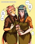 anthro barista beverage big_breasts blue_eyes blue_hair blush breasts claws clothed clothing coffee coffee_art coffee_cup coffee_mug container cup dialogue duo embarrassed embarrassed_female female fur hair holding_object humanoid_face latte_art medium_breasts pink_hair practice simple_background smile speech_bubble tail text white_body working yellow_eyes coca charlotte_(mozes.ipg) requiem_etsu animal_humanoid domestic_cat felid feline felis humanoid mammal pantherine tiger 2025 absurd_res colored comic digital_drawing_(artwork) digital_media_(artwork) english_text hi_res shaded signature