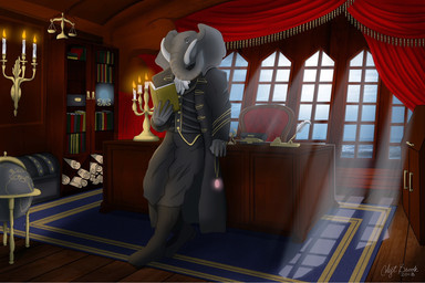 book bottomwear cabin candle clothed clothing coat desk furniture globe jewelry male pants ship solo table topwear vehicle vest watercraft window celestbrook scelestus_dominus elephant elephantid mammal proboscidean hi_res
