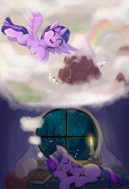 bed bedding blanket bodily_fluids book candle canterlot cloud cloudy_sky dream drooling equestria female feral furniture horn mountain night pillow rainbow saliva sky sleeping snoring solo wings dosh friendship_is_magic hasbro my_little_pony mythology twilight_sparkle_(mlp) equid equine mammal mythological_creature mythological_equine unicorn winged_unicorn absurd_res hi_res