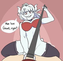 ambiguous_gender anthro bottomless bra clothed clothing collar convenient_censorship dominant dominant_female duo female female_on_top first_person_view leash leash_pull leashed_pov leggings legwear looking_down markings mole_(marking) mole_under_eye no_underwear on_top smile speech_bubble text underwear passigcamel helltaker goat_lucifer_(helltaker) bovid caprine goat mammal hi_res
