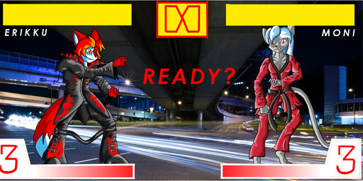 anthro barefoot clothing duo feet female fight_screen gameplay_mechanics grey_body gui hair health_bar jacket male photo_background red_eyes red_hair tail topwear tigrillo777 king_of_fighters erikku moni canid canine domestic_cat felid feline felis fox mammal 2009 photography_(artwork)