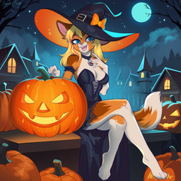 anthro blonde_hair blue_eyes breasts choker clothing cloud crossed_legs dress eyelashes female freckles fur hair hat headgear headwear jack-o'-lantern jewelry long_hair looking_away moon necklace night open_mouth orange_body orange_fur outside paws sitting sky small_breasts solo teeth town white_body white_fur witch_hat sunnypony domestic_cat felid feline felis mammal 2024 colored detailed digital_drawing_(artwork) digital_media_(artwork) hi_res shaded
