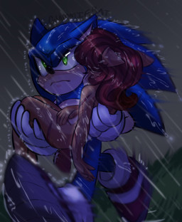 5_fingers anthro blood bodily_fluids bridal_carry canon_couple carrying_another cut_(wound) damsel_in_distress dark duo female fingers grass green_eyes hair male oh_no plant raining red_hair scut_tail short_tail tail wounded gummierat sega sonic_the_hedgehog_(series) sally_acorn sonic_the_hedgehog eulipotyphlan hedgehog mammal rodent sciurid tree_squirrel hi_res
