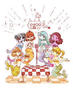 arm_grab arms_out bare_shoulders beverage bikini bikini_top black_hair blonde_hair blue_body blue_scales blue_skin breasts brown_hair burger checkered_tablecloth cherry cleavage clothed clothing ear_piercing ear_ring electronics eyes_closed female floor food fruit furniture green_body green_eyes green_hair green_scales green_skin group hair hand_behind_back hand_on_chest holding_object holding_plate light_body light_skin long_hair looking_at_viewer mermaid_tail microphone milkshake musical_note musical_symbol one_eye_closed open_mouth orange_body orange_scales piercing pink_body pink_scales plant plate ponytail purple_body purple_scales purple_skin red_eyes ring_piercing scales short_hair simple_background singing smile split_form strapless_bikini strapless_clothing strapless_swimwear submarine swimwear symbol table tablecloth tile tile_floor two-piece_swimsuit vehicle waiter watercraft white_background wink zunda omori_(game) eleanor_(omori) julia_(omori) lucy_(omori) pam_(omori) rita_(omori) sadie_(omori) ambient_rabbit ambient_urchin aquatic humanoid_merfolk merfolk 3:4 hi_res painting_(artwork) watercolor_(artwork)