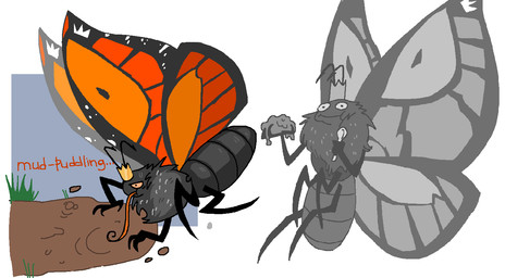 2_antennae 3_fingers 4_legs 4_wings all_fours ambiguous_gender antennae_(anatomy) anthro arthropod_abdomen big_wings black_antennae black_body bodily_fluids closed_smile crown crown_only cutlery eating eyespots fingers happy headgear headgear_only holding_spoon insect_wings kitchen_utensils lepidopteran_wings licking long_tongue markings mouth_closed mud multi_wing multicolored_wings nude orange_wings outside quadruped ruff smile solo spoon sweat sweatdrop tongue tools wings sewage-enjoyer disney hoppers_(disney) pixar titus_(hoppers) arthropod butterfly insect lepidopteran