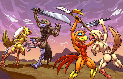 3_toes abs anthro anus areola avian_feet backsack balls beak blush breasts butt cape clothing clothing_pull embarrassed erection feathers feet female fingers genitals group half-erect holding_melee_weapon holding_object holding_sword holding_weapon humanoid_genitalia humanoid_penis looking_at_genitalia looking_at_penis looking_at_vulva male melee_weapon muscular muscular_anthro muscular_male nipple_outline nipples nude open_beak open_mouth orange_body orange_feathers outdoor_nudity outside pecs penis prosthetic prosthetic_leg prosthetic_limb pubes red_body shield standing sword tail tail_feathers talons toes vein veiny_penis vulva warrior weapon bassybefuddle conditional_dnp windborn amara_(windborn) draya_(windborn) orlan_(windborn) rugyam_(windborn) avian bird 14:9 absurd_res digital_media_(artwork) hi_res