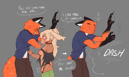 anthro anthro_on_anthro aphrodisiac areola blush breasts clothing countershading female female_anthro flirting gloves_(marking) grey_background male male/female male_anthro markings nipples question_mark shirt simple_background speech_bubble text topwear torn_clothing derpyfox_36 derpyfox_36_(fursona) frey_(freydraws) canid canine fox lagomorph leporid mammal rabbit 2025 english_text