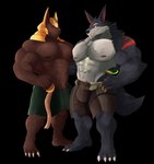 abs anthro biceps bottomwear bulge clothed clothing duo eyes_closed fur genitals humanoid_genitalia humanoid_penis looking_at_another male male/male muscular muscular_anthro muscular_male nipples pants pants_only pecs pecs_touching penis penis_through_clothing tail teeth fluffywuffy league_of_legends riot_games tencent nasus_(lol) warwick_(lol) anubian_jackal canid canine canis jackal mammal wolf absurd_res alpha_channel hi_res