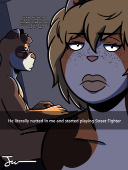 anthro caption duo femboy humor male male/male profanity text kingjaguar domestic_cat felid feline felis mammal mustelid musteline true_musteline weasel absurd_res english_text hi_res