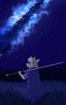 albino anthro cloak clothing galaxy grass holding_melee_weapon holding_object holding_sword holding_weapon looking_up male melee_weapon night pink_nose plant red_eyes sky skyscape solo star starscape sword weapon cheetoeater dionysus_(cheetoeater) canid canine canis mammal wolf absurd_res hi_res portrait