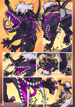 anthro blood bodily_fluids bruised claws colored_blood dagger day fangs feral jumping male melee_weapon mountain purple_blood purple_eyes spikes stab tail teeth toe_claws tongue unusual_blood unusual_bodily_fluids weapon zummeng tristan_(zummeng) haplorhine mammal monkey monster primate comic hi_res