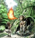 armor breath_powers brown_eyes brown_hair claws clothed clothing detailed_background duo elemental_manipulation female fire fire_breathing fire_manipulation forest green_body green_scales hair horn melee_weapon nature open_mouth outside plant scales sitting sky sword tail tree weapon wood young burunuu_(bullnukko) mythology animal_humanoid dragon dragon_humanoid humanoid mythological_creature mythological_scalie scalie 2014