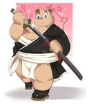 anthro asian_clothing belly big_belly clothing east_asian_clothing footwear fundoshi japanese_clothing kemono male moobs nipples overweight overweight_male sandals shoes solo underwear weapon white_clothing white_fundoshi white_underwear kusosensei inigo_(kusosensei) bear mammal 2023 hi_res