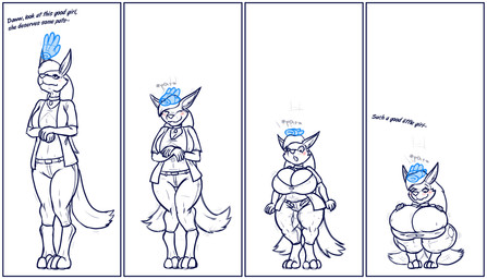 anthro base_one_layout basic_sequence belt big_breasts blush bottomwear breast_expansion breasts clothing dialogue digitigrade disembodied_hand duo expansion eyes_closed female four_frame_image four_frame_sequence good_girl hair headpat linear_sequence looking_up one_row_layout pants shirt short_stackification shortstack shrinking size_transformation smile solo_focus standing surprised text topwear torn_clothing transformation transformation_sequence daniel_kay canid mammal 2020 english_text hi_res sequence