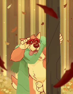 animal_genitalia anthro balls belly big_belly black_nose blue_scarf eyewear fangs forest front_view fully_sheathed fur genitals goggles male moobs navel nipples open_mouth orange_body orange_fur outside overweight overweight_anthro overweight_male plant scarf sheath solo standing teeth tongue tongue_out tree yellow_balls yellow_body yellow_fur yellow_sheath chocolateandmilk canid canine mammal 2022 dated hi_res signature