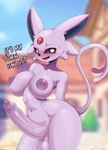 absurd_res anthro anthrofied areola ashraely balls big_breasts big_penis black_eyes blush breasts digital_media_(artwork) eeveelution english_text erection espeon foreskin generation_2_pokemon genitals glistening glistening_body gynomorph hi_res huge_breasts humanoid_genitalia humanoid_penis intersex looking_at_viewer mammal nintendo nipples nude nude_anthro nude_gynomorph nude_intersex outdoor_nudity outside partially_retracted_foreskin penis pink_areola pink_body pink_nipples pink_penis pink_tail pokemon pokemon_(species) pokemorph shaded simple_background smile solo tail text thick_penis thick_thighs third-party_edit wide_hips
