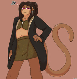 annoyed anthro black_clothing black_jacket black_topwear bottomwear brown_background brown_body brown_fur brown_hair clothed clothed_anthro clothed_female clothing crop_top ear_piercing ear_ring female front_view fur hair half-closed_eyes hand_on_hip jacket long_hair looking_at_viewer looking_down low-angle_view midriff narrowed_eyes navel open_clothing open_jacket open_topwear piercing pose purple_eyes ring_(jewelry) ring_piercing shirt simple_background skirt solo tail text topwear hyuvevo cavemanon_studios volcaldera_ashfall cathy_(volcaldera_ashfall) haplorhine mammal monkey primate absurd_res artist_name colored hi_res portrait shaded three-quarter_portrait
