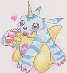 animal_skin anthro belly blush candy chocolate chocolate_on_tongue dessert food heart_symbol holidays horn male red_eyes slightly_chubby solo tabasukotrr bandai_namco digimon valentine's_day digimon_(species) gabumon hi_res traditional_media_(artwork)