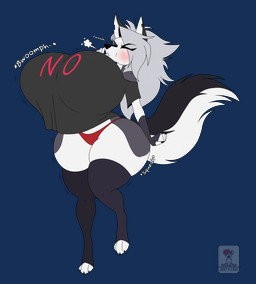 3_toes 4_fingers air_inflation anthro big_breasts black_claws black_eyebrows blush breast_expansion breasts butt butt_expansion claws clothed clothing expansion eyebrows feet female fingerless_gloves fingers fur gloves grey_hair hair handwear huge_breasts inflation leggings legwear notched_ear panties shirt solo tail text text_on_clothing text_on_shirt text_on_topwear toes topwear underwear white_body white_fur just-a-cake hellaverse helluva_boss mythology loona_(helluva_boss) canid canid_demon canine demon hellhound mammal mythological_canine mythological_creature alpha_channel english_text hi_res