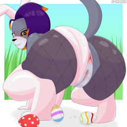 anthro anus armwear blind_eye bodily_fluids bunny_costume butt butt_focus cat_tail clothing costume easter_egg eye_scar facial_scar fake_ears fake_rabbit_ears female fishnet_clothing genital_fluids genitals glistening glistening_body glistening_butt glistening_genitalia grass grey_body hair holidays legwear looking_at_viewer multicolored_body multicolored_hair orange_eyes penetration plant scar sex_toy simple_background solo stockings tail text two_tone_body two_tone_hair vaginal_fluids vulva white_armwear white_clothing white_legwear white_stockings s-hard easter becky_(s-hard) domestic_cat felid feline felis mammal 1:1 2026 absurd_res artist_name hi_res