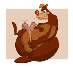 animal_genitalia animal_penis anthro anus balls bodily_fluids brown_body brown_fur brown_nose butt erection focused focusing fur genital_fluids genitals green_eyes hair hand_on_belly head_tuft holding_penis humor legs_up looking_down looking_down_at_penis male one_eye_closed onomatopoeia overweight overweight_anthro overweight_male penis precum presenting rounded_ears rounded_teeth short_tail silly simple_background slightly_chubby slightly_chubby_anthro slightly_chubby_male solo sound_effects spread_legs spreading tail text tongue tongue_out tuft ursine_penis wiggling_cock bob-jiggles disney who_framed_roger_rabbit toon_bear bear mammal absurd_res english_text hi_res