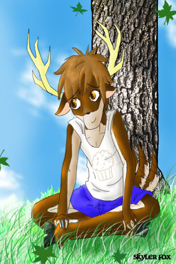 anthro antlers biped blue_bottomwear blue_clothing bottomwear brown_hair clothed clothing cloud crossed_legs detailed_background food grass hair hooves horn jersey leaf male muffin nature orange_eyes outside pants plant shirt shirt_logo short_hair shorts sitting sky smile solo tank_top topwear tree white_clothing white_topwear wood skyler_fox deer mammal 2:3 digital_media_(artwork) mixed_media photography_(artwork) source_request