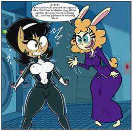 accessory anthro bedroom_eyes black_hair blue_eyes border clothed clothing dialogue dress duo erect_nipples female gloves green_eyes grimace hair handwear headband inside leather leather_clothing long_dress narrowed_eyes nipple_outline nipples open_clothing open_topwear orange_hair seductive smile speech_bubble standing surprised sweatdrop_(iconography) sweater tan_body text topwear tremble_spikes white_border wide_hips petal_ash_works nickelodeon t.u.f.f._puppy kitty_katswell tammy_(t.u.f.f._puppy) domestic_cat felid feline felis lagomorph leporid mammal rabbit 2026 colored comic english_text hi_res signature