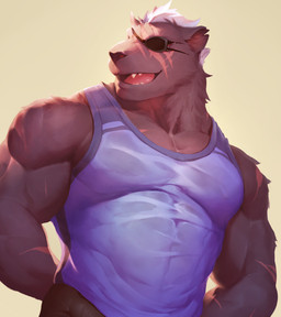 anthro barazoku black_nose clothed clothing eye_patch eyewear fangs male muscular muscular_anthro muscular_male open_mouth scar shirt simple_background solo tank_top teeth topwear null-ghost mammal 2015 half-length_portrait portrait