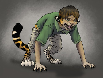 black_spots bottomwear brown_hair claws clothed clothed_male clothing feral fur fur_growth green_eyes grey_background growth hair human_to_feral male mid_transformation pants shirt simple_background snarling snout snout_growth solo species_transformation spots tail teeth tongue topwear transformation sarifel felid human jaguar mammal pantherine 2025 full-length_portrait hi_res portrait