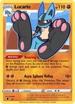 3_toes ambiguous_gender anthro barefoot biped blue_body blue_fur card_edit feet foot_focus fur hindpaw nude one_eye_closed pawpads paws plantigrade red_eyes soles solo tcg_card text toes trading_card trading_card_game b_bun300 nintendo pokemon canid canine generation_4_pokemon lucario mammal pokemon_(species)