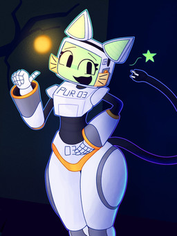 :3 anthro branch cable_tail electrical_plug_tail energy_ball fake_whiskers female for_a_head gesture green_face green_inner_ear grey_body hand_gesture hand_on_hip looking_at_viewer machine name_tag night noseless open_:3 open_mouth open_smile outside post-it_note screen screen_face segmented_body smile solo standing star thick_thighs thumbs_up white_body rageyboi pur_03 domestic_cat felid feline felis mammal object_head robot robot_anthro screen_head 2025 3:4 hi_res shaded