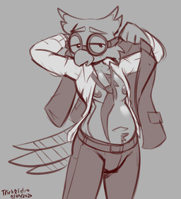 accessory anthro beak belly_tuft blush bottomwear clothed clothing eyewear feathers front_view goggles looking_away looking_up male necktie nipples open_clothing open_mouth open_shirt open_topwear pants shirt solo tail tail_feathers topwear tuft undressing felino cordell_(felino) avian bird owl 2026 sketch