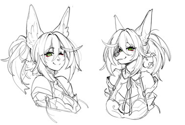 anthro big_breasts breasts cleavage clothed clothing duo female green_eyes hair long_ears long_hair looking_at_viewer one_eye_closed inu-sama animal_humanoid canid canid_humanoid canine canine_humanoid fox fox_humanoid humanoid mammal mammal_humanoid digital_drawing_(artwork) digital_media_(artwork) monochrome spot_color