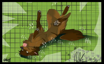 ambiguous_gender black_border border bubble feet feral hindpaw lucketh paws solo tail underwater water unknown_artist unknown_artist_signature canid canine mammal signature source_request