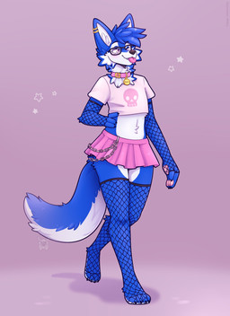 4_fingers 4_toes anthro armwear black_claws black_eyebrows blue_body blue_fur blue_hair bottomwear cheek_tuft claws clothed clothing collar crop_top crossdressing ear_piercing eyebrows eyewear facial_tuft feet femboy fingers fishnet_armwear fishnet_clothing fishnet_stockings fur glasses hair inner_ear_fluff male pawpads paws piercing pink_bottomwear pink_clothing pink_collar pink_crop_top pink_eyes pink_pawpads pink_shirt pink_skirt pink_tongue pink_topwear shirt short_hair simple_background skirt solo toes tongue tongue_out topwear tuft walking wearing_glasses white_body white_fur fleurfurr canid canine fox mammal colored digital_drawing_(artwork) digital_media_(artwork) hi_res shaded