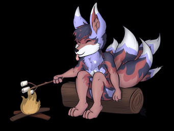 anthro blep campfire camping candy chest_tuft chibi claws cooking countershading dessert eyes_closed fire food fur fur_markings highlights_(coloring) male markings marshmallow solo tongue tongue_out tuft conditional_dnp grinn3r mercury_(mercuryf0x) canid canine fox fox_spirit mammal 2020 4:3