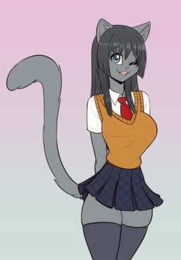 accessory anthro big_breasts bottomwear breasts clothing eyebrow_through_hair eyebrows eyelashes female fur grey_body grey_eyes grey_fur grey_hair hair legwear necktie one_eye_closed open_mouth open_smile school_uniform skirt smile solo thigh_highs translucent translucent_hair uniform wink scorpdk domestic_cat felid feline felis mammal 2026 hi_res