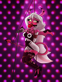 ball_gag bound breasts clothed clothing electronics female gag hair long_hair membrane_(anatomy) membranous_wings microphone spade_tail tail wings zeecibee hellaverse helluva_boss verosika_mayday demon demon_humanoid humanoid hi_res