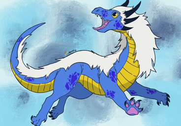 ambiguous_gender blue_body claws feral fur furaffinity_logo hair horn mane multi_horn open_mouth pawpads quadruped running scales scutes segmented_body simple_background solo tail yellow_eyes yellow_underbelly wyrmling_(artist) furaffinity mythology erhu_(wyrmling) dragon mythological_creature mythological_scalie reptile scalie digital_drawing_(artwork) digital_media_(artwork) hi_res signature