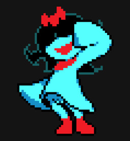 black_hair blue_body blue_clothing blue_dress blue_skin clothed clothing covered_eyes dress female footwear genitals grey_background hair hair_over_eyes loli looking_at_viewer open_mouth pantsless pantsless_humanoid red_clothing red_footwear red_shoes shoes simple_background smile solo standing vulva young hexanne deltarune undertale_(series) aqua_(deltarune) humanoid seven_flowers digital_media_(artwork) hi_res pixel_(artwork)