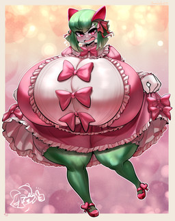 2_horns angry big_breasts bloomers blush bottomwear breasts clothing dress embarrassed eyebrow_through_hair eyebrows eyelashes female gloves green_body green_hair green_skin hair handwear horn huge_breasts hyper hyper_breasts looking_at_viewer pink_clothing pink_dress pink_tongue red_horn short_hair solo thick_thighs tongue translucent translucent_hair white_body white_skin yboon nintendo pokemon ellen_(djthepokemen) ellia_(yboon) generation_3_pokemon kirlia pokemon_(species) absurd_res hi_res