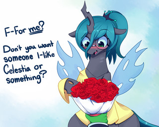 alternate_hairstyle blue_background blush bouquet clothed clothing crown dialogue disembodied_hand duo eyebrows eyelashes eyewear fangs female feral floppy_ears flower glasses green_body green_eyes green_skin hair headgear holding_object hole_(anatomy) hooves horn insect_wings looking_down love nerd open_mouth plant ponytail pupils question_mark rose_(flower) simple_background slit_pupils solo_focus teal_hair teeth text tongue wings joyfulinsanity friendship_is_magic hasbro my_little_pony queen_chrysalis_(mlp) arthropod changeling_(mlp) equid mammal 2015 5:4 english_text