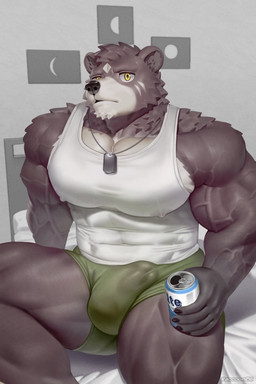 abs anthro balls_outline barazoku bed bed_covers bedding bedroom beverage beverage_can biceps black_body black_fur briefs brown_body brown_fur brown_hair bulge can claws clothing container deltoids detailed_bulge facial_markings finger_claws forearm_muscles forehead_markings fur furniture genital_outline gloves_(marking) green_briefs green_clothing green_underwear hair head_markings holding_beverage holding_can holding_container holding_object looking_at_viewer male markings multicolored_body multicolored_fur muscular muscular_anthro muscular_male muscular_thighs nipple_outline on_bed pecs penis_outline picture_frame shirt solo tan_body tan_fur tank_top text tight_clothing tight_shirt tight_topwear tight_underwear topwear underwear vein veiny_muscles white_clothing white_shirt white_tank_top white_topwear yellow_eyes raccoon21 december_twilight carmine_gracia bear brown_bear mammal ursine 2025 2:3 absurd_res artist_name hi_res watermark