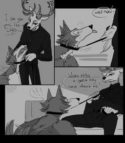 anthro bdsm clothed clothing collar dialogue good_boy larger_sub leash leash_pull male male/male petplay roleplay size_difference submissive submissive_male suit tail tail_motion tailwag text topless nekokat42 beastars louis_pulling_legoshi legoshi_(beastars) louis_(beastars) canid canine canis cervine deer mammal red_deer wolf comic english_text hi_res monochrome