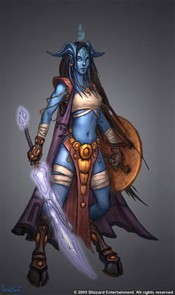 armor black_hair blue_body blue_eyes blue_skin bottomwear breasts cape clothing face_tentacles female grey_background hair holding_melee_weapon holding_object holding_shield holding_sword holding_weapon hooves horn humanoid_pointy_ears jewelry loincloth magic_weapon melee_weapon navel necklace not_furry pauldron pointy_ears shield simple_background smile solo sword tentacle_jewelry tentacles weapon glenn_rane blizzard_entertainment warcraft draenei humanoid 2005 official_art