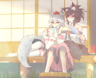 big_breasts bodily_fluids breasts brown_ears brown_hair brown_tail bucket cleavage clothed clothing container dipstick_ears dipstick_tail duo ear_markings female food foot_in_water fruit hair hand_fan hat headgear headwear holding_fan holding_food holding_object holding_popsicle inner_ear_fluff leaning_on_another legwear markings melon multicolored_ears plant popsicle pose red_clothing red_eyes red_hat red_headwear shirt sitting soaking_feet sweat tail tail_markings thigh_highs tokin_hat topwear tuft watermelon watermelon_slice white_clothing white_ear_tips white_ears white_hair white_inner_ear_fluff white_legwear white_shirt white_tail white_tail_tip white_thigh_highs white_topwear yokozuwari cube85 touhou kagerou_imaizumi momiji_inubashiri animal_humanoid canid canid_humanoid canine canine_humanoid humanoid mammal mammal_humanoid wolf_humanoid hi_res