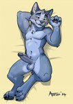 anthro balls bed big_penis blue_balls blue_glans blue_penis casual_erection casual_nudity digitigrade erection furniture genitals glans humanoid_genitalia humanoid_penis male muscle_tone muscular nipples nude penis relaxed_expression relaxing solo tired aaron_pictus domestic_cat felid feline felis mammal 2024 hi_res