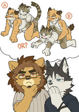 anal anal_penetration anthro black_nose blush blush_lines bottomless bottomless_male clothed clothing fur glass grey_body grey_fur group imagination kemono male male/male male_penetrated male_penetrating male_penetrating_male mane multicolored_body multicolored_fur obscured_penetration penetration pink_nose pointy_ears sex shirt shirt_only simple_background size_difference striped_body striped_fur stripes t-shirt t-shirt_only tan_body tan_fur tank_top tank_top_only thought_bubble topwear topwear_only two_tone_body two_tone_fur white_body white_fur yellow_eyes milkybot can_we_have_a_second_summer_vacation_if_we_miss_it? qi_cheng wang_shu wei_qian xi_he canid canine canis domestic_cat domestic_dog felid feline felis husky lion mammal nordic_sled_dog pantherine spitz tabby_cat hi_res