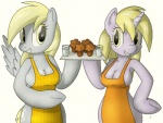 anthro anthrofied apron big_breasts blonde_hair breasts cleavage clothed clothing cutie_mark duo feathered_wings feathers female food grey_body grey_feathers hair horn huge_breasts long_hair looking_at_viewer milk muffin smile wings yellow_eyes tg-0 friendship_is_magic hasbro my_little_pony mythology derpy_hooves_(mlp) dinky_hooves_(mlp) equid equine mammal mythological_creature mythological_equine pegasus unicorn shaded mother_(lore) parent_(lore)